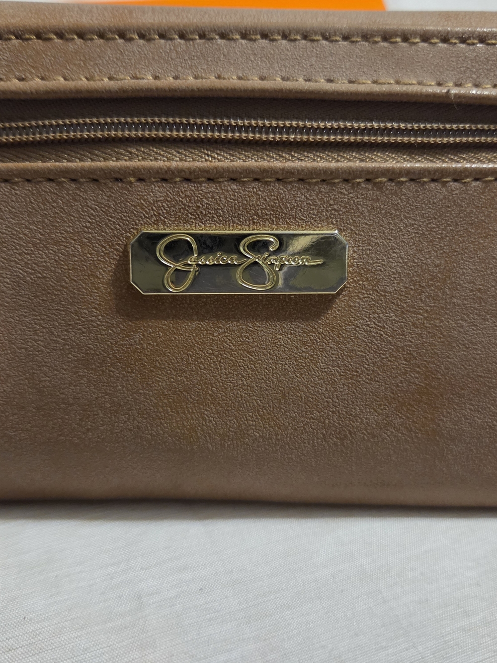 Jessica Simpson Tan Men's Leatherette Zip Pouch with Gold Logo Plaque